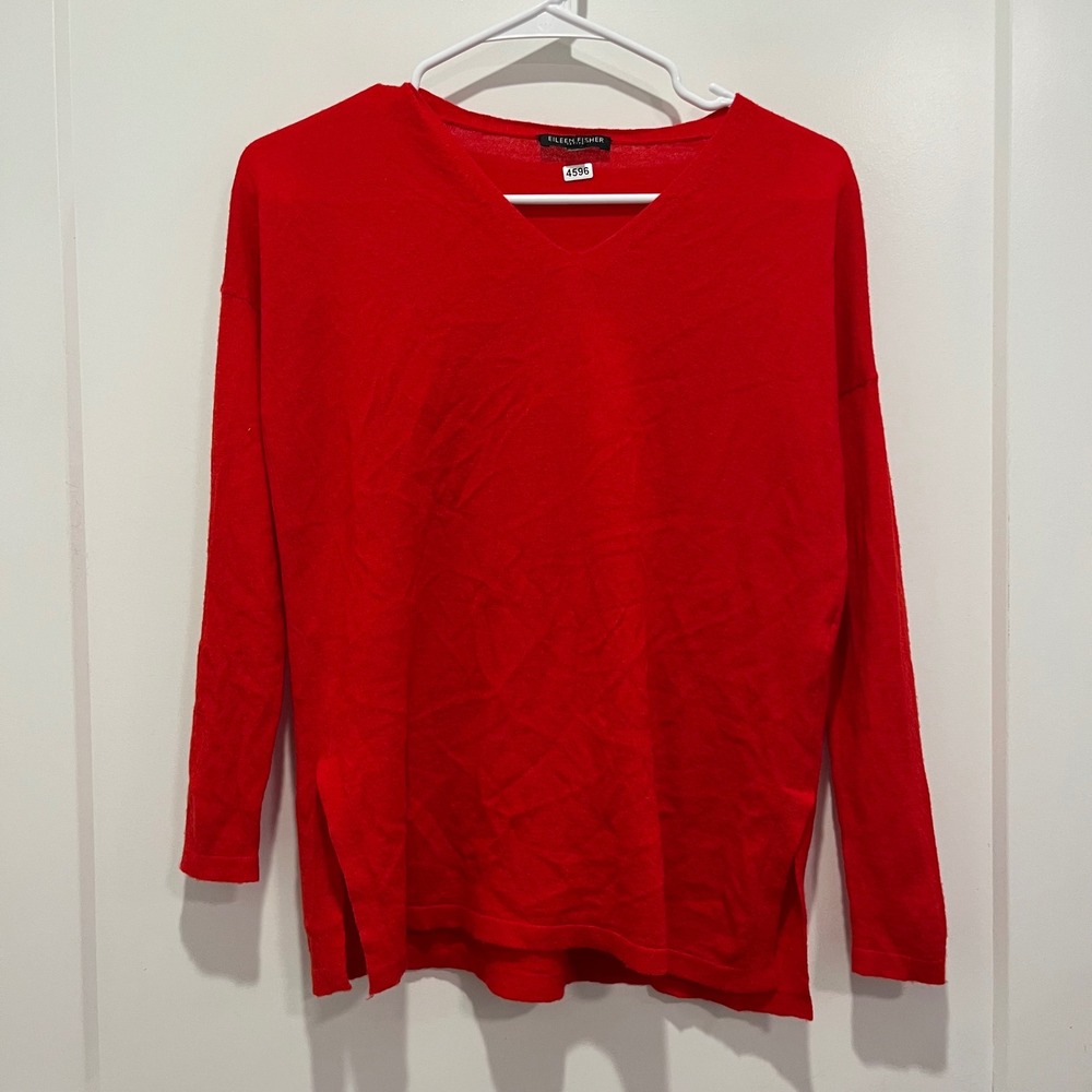 Eileen Fisher Petite Red 100% Merino Wool V-Neck Sweater Relaxed Fit Size P